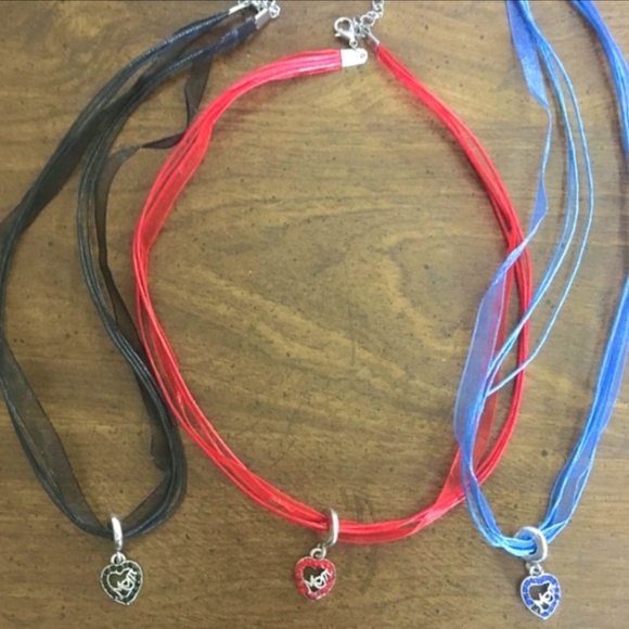 MOM Heart Pendant Ribbon Necklace Bright Neon Pink Red Blue Yellow Black - Picture 8 of 10